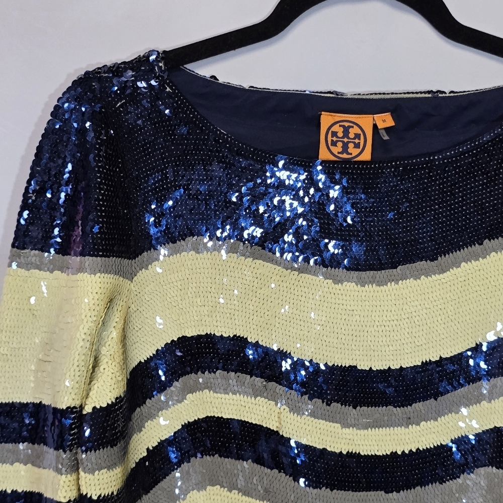 Tory Burch Navy Cream Sequin 3/4 Sleeve Blouse Formal Special Event Top, Sz M - Picture 3 of 11
